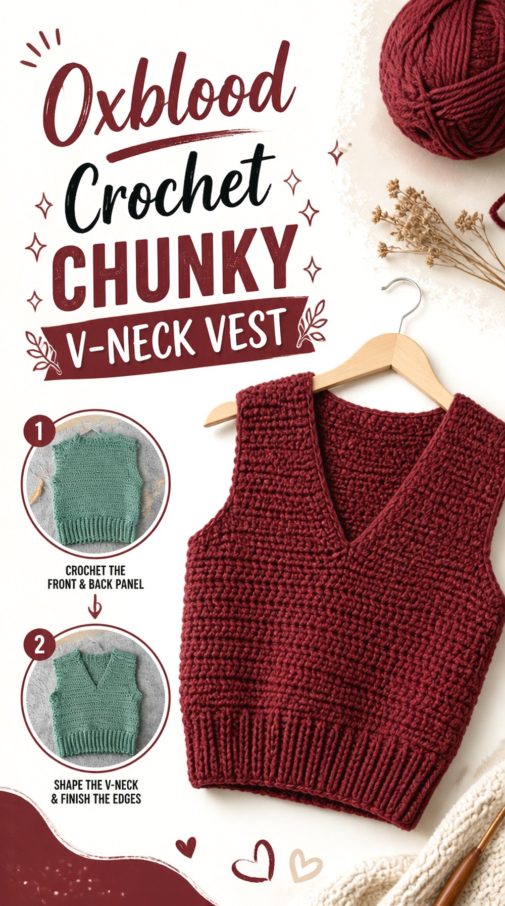 Oxblood Crochet Chunky V Neck Vest