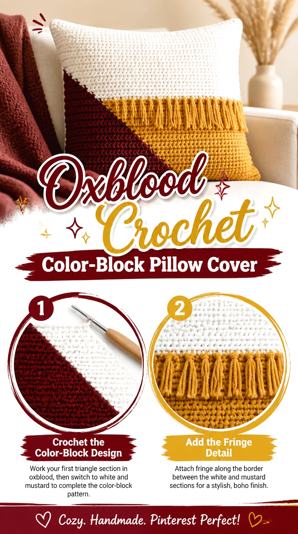 Oxblood Crochet Color Block Pillow Cover
