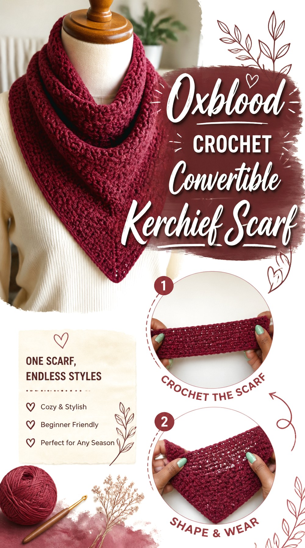Oxblood Crochet Convertible Kerchief Scarf