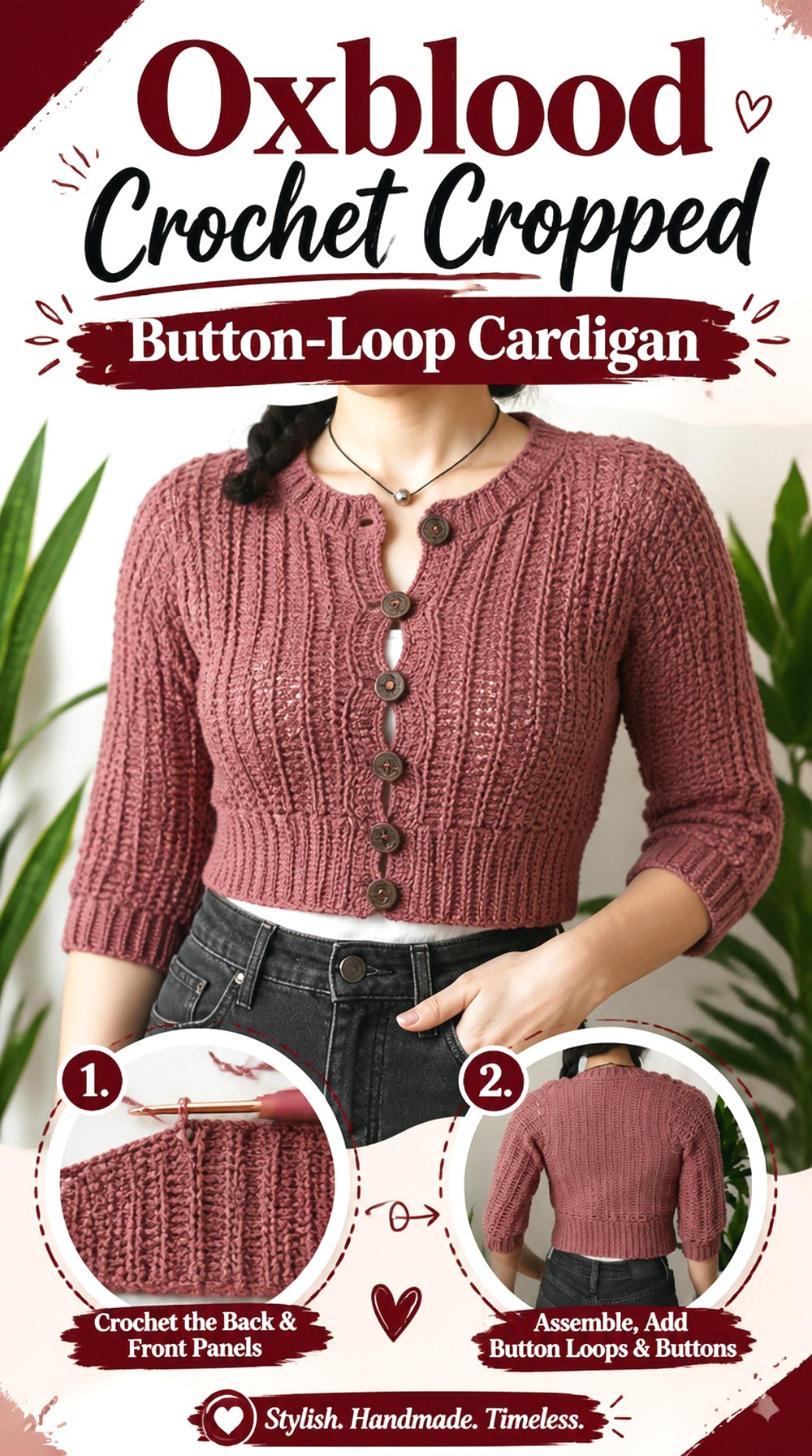 Oxblood Crochet Cropped Button Loop Cardigan