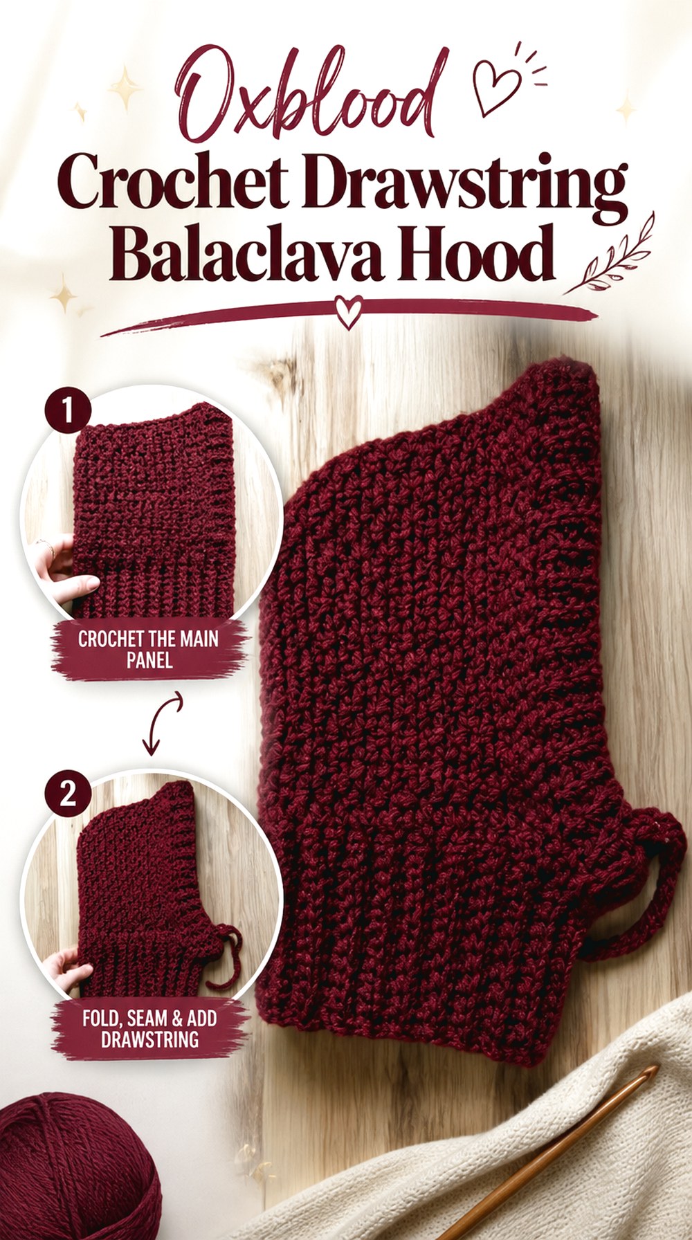 Oxblood Crochet Drawstring Balaclava Hood