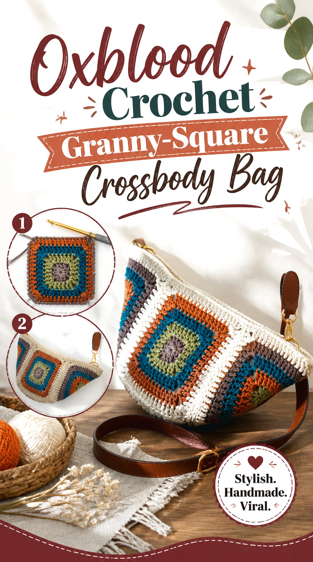 Oxblood Crochet Granny Square Crossbody Bag
