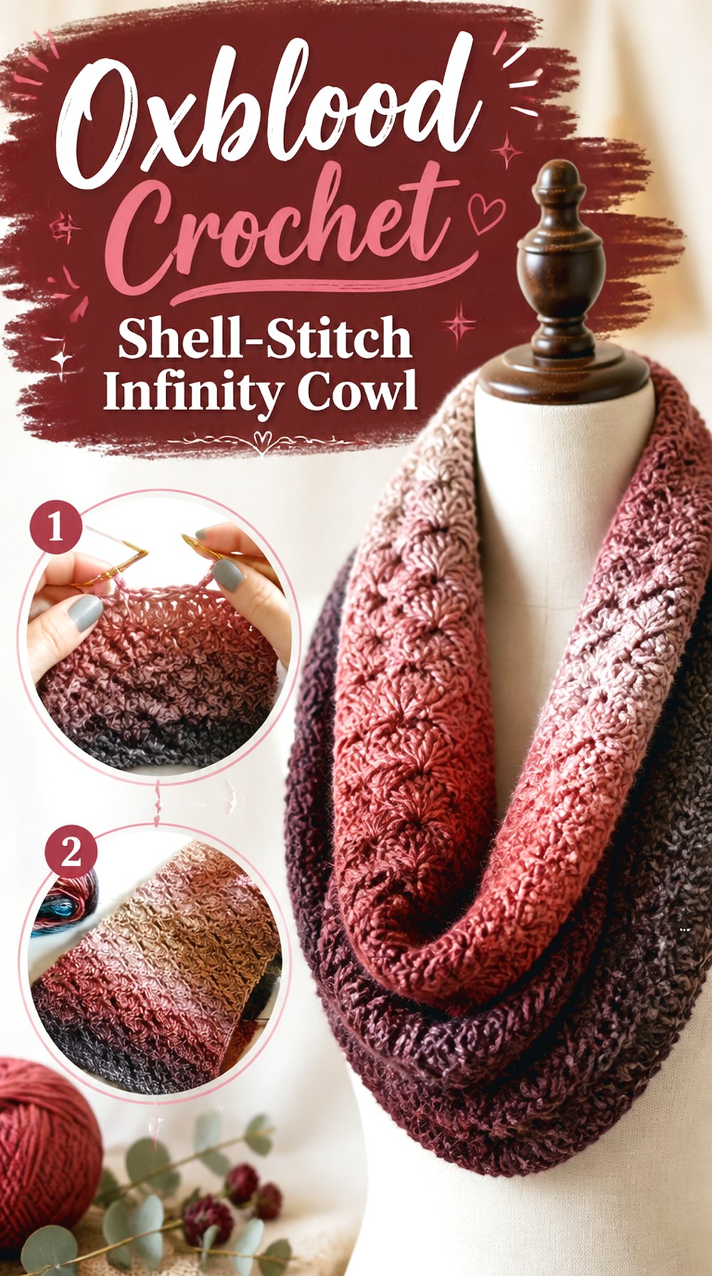 Oxblood Crochet Shell Stitch Infinity Cowl