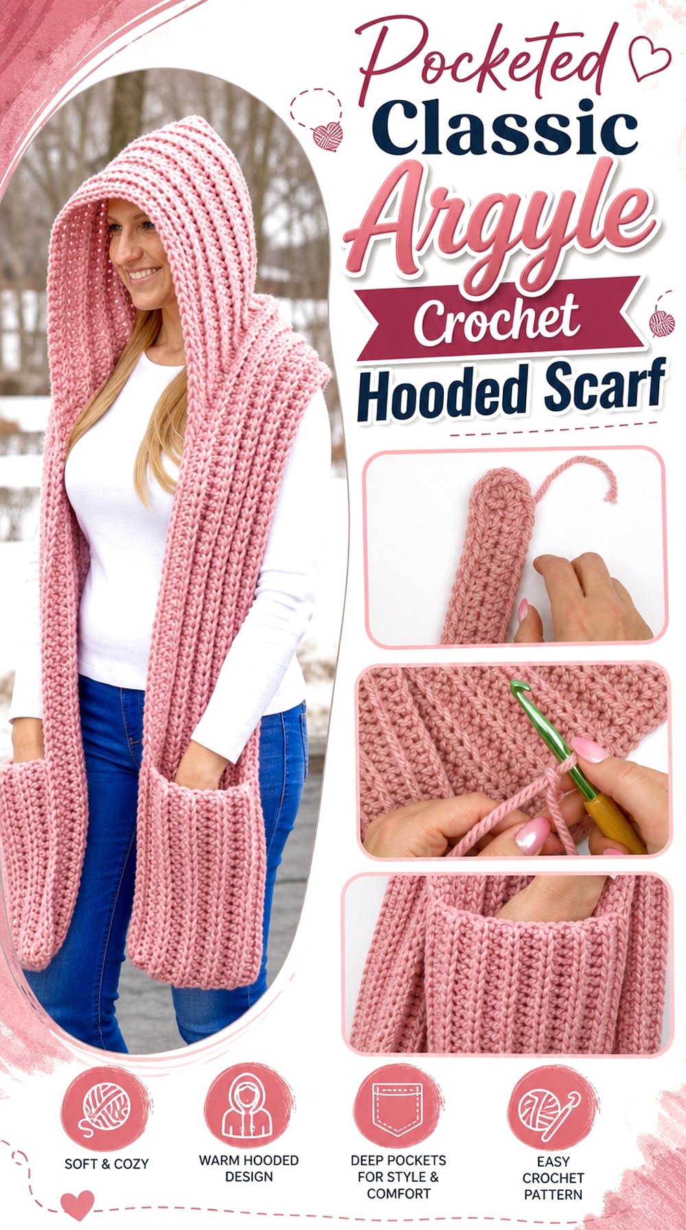 Pocketed Classic Argyle Crochet Hooded Scarf