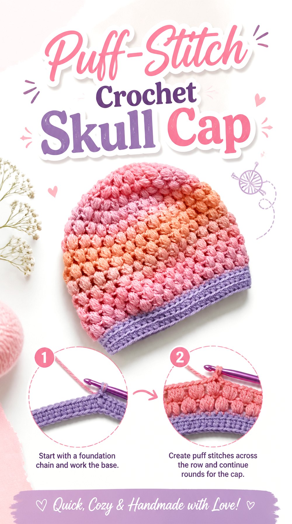 Puff Stitch Crochet Skull Cap