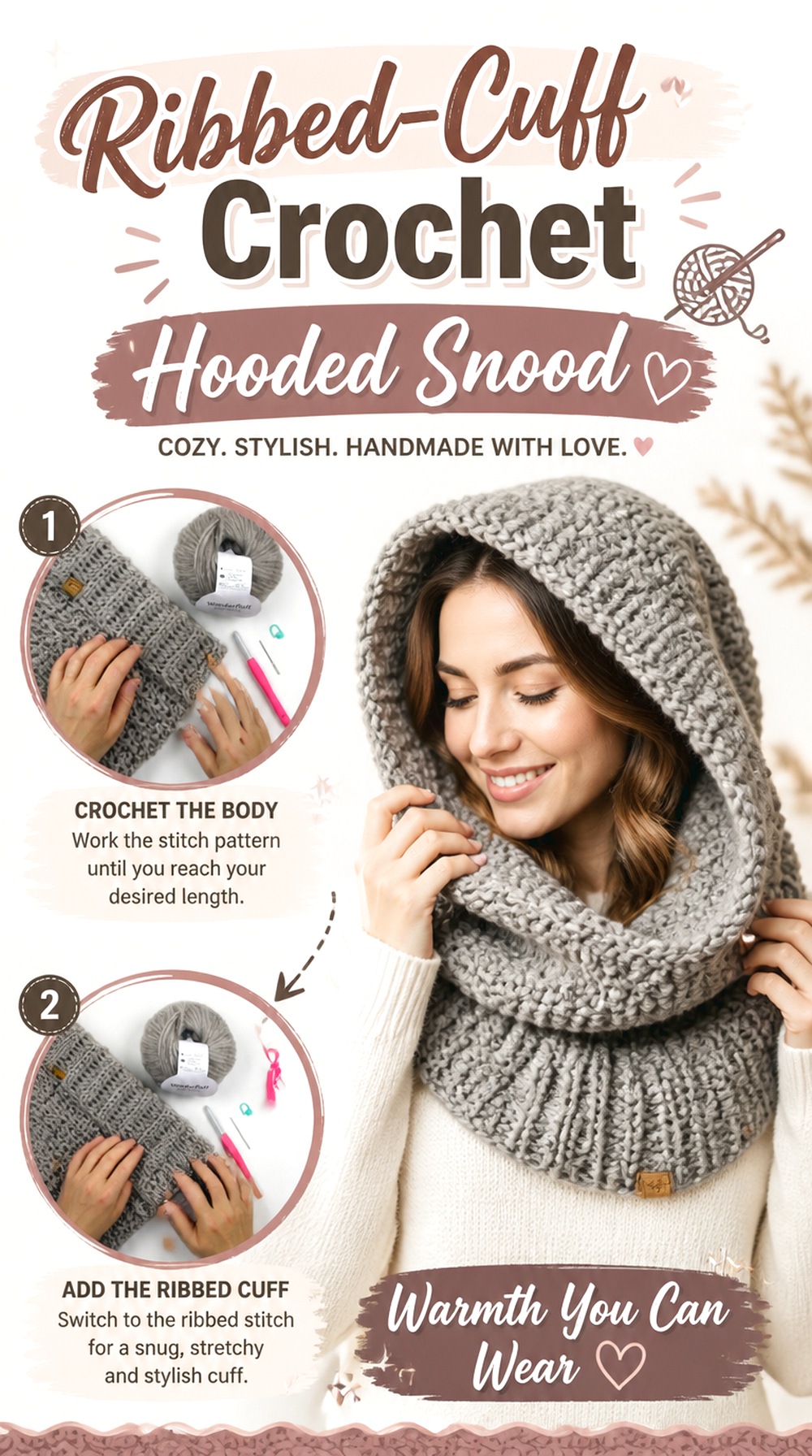Ribbed Cuff Crochet Hooded Snood