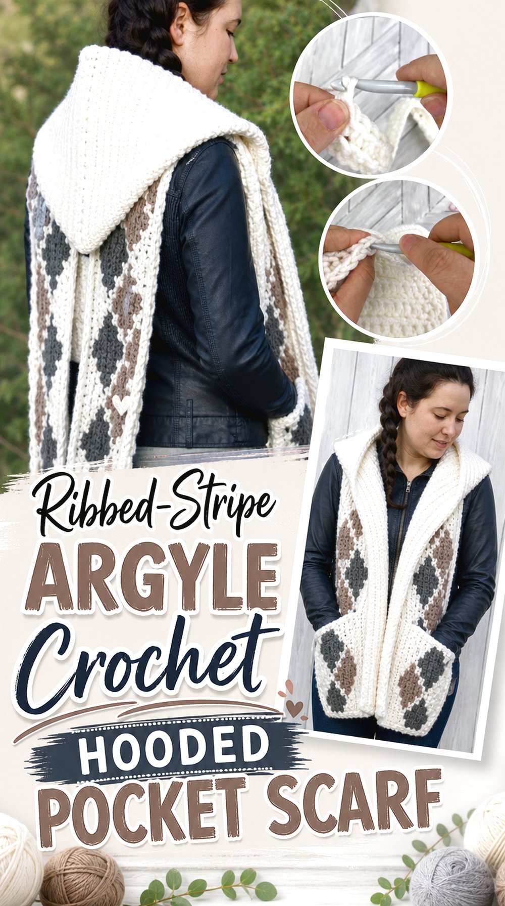 Ribbed-Stripe Argyle Crochet Hooded Pocket Scarf