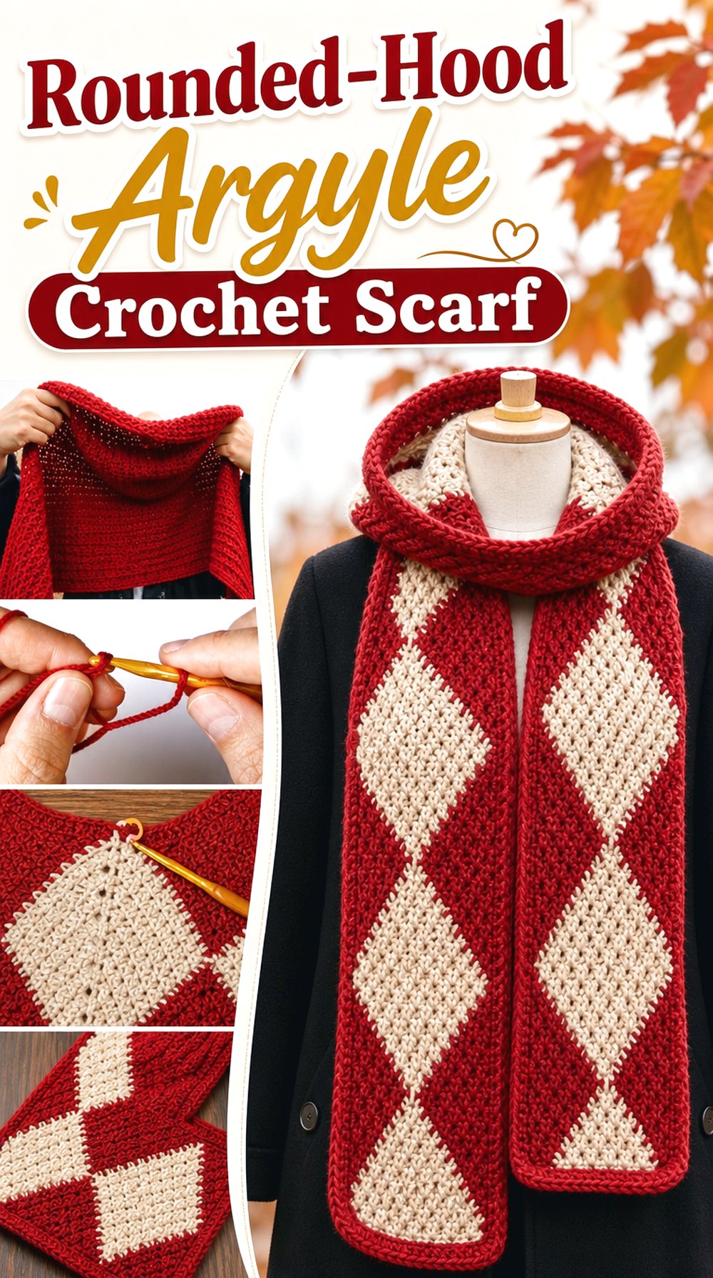 Rounded-Hood Argyle Crochet Scarf