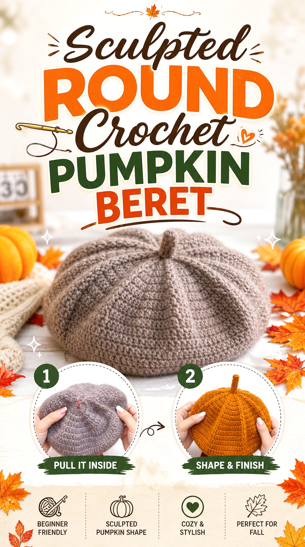 Sculpted Round Crochet Pumpkin Beret