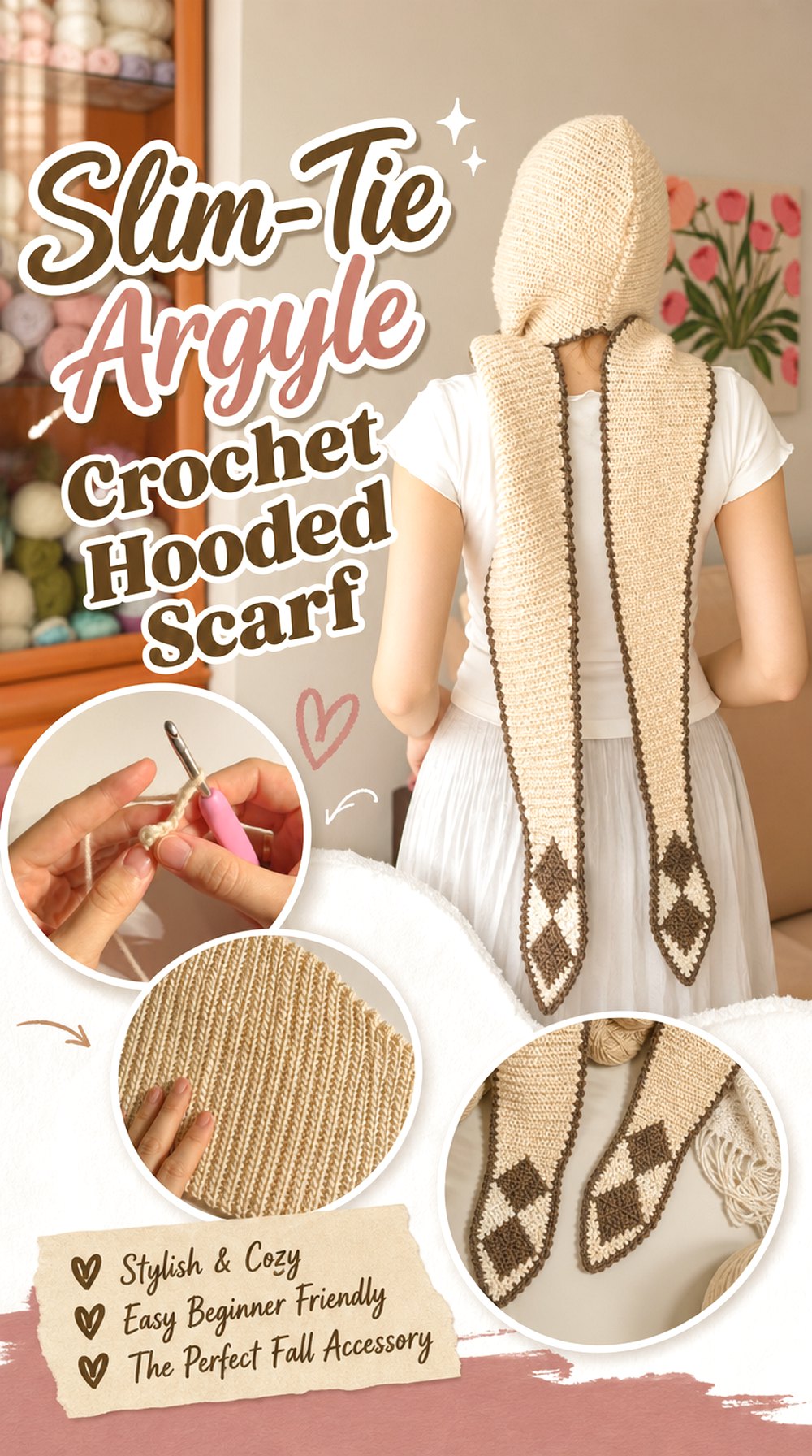 Slim-Tie Argyle Crochet Hooded Scarf