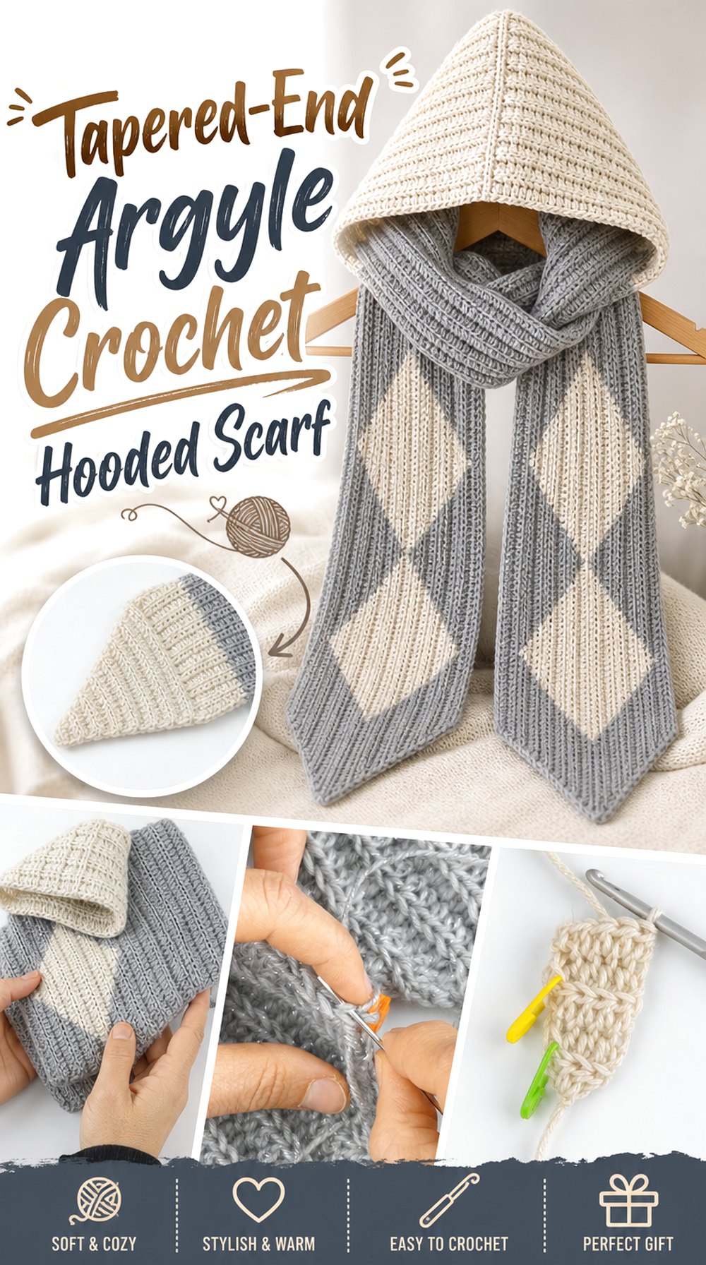 Tapered-End Argyle Crochet Hooded Scarf
