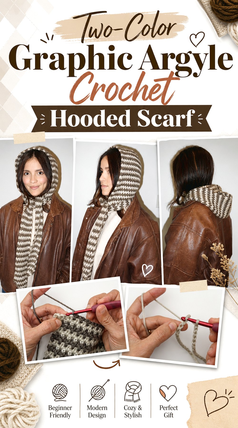 Two-Color Graphic Argyle Crochet Hooded Scarf