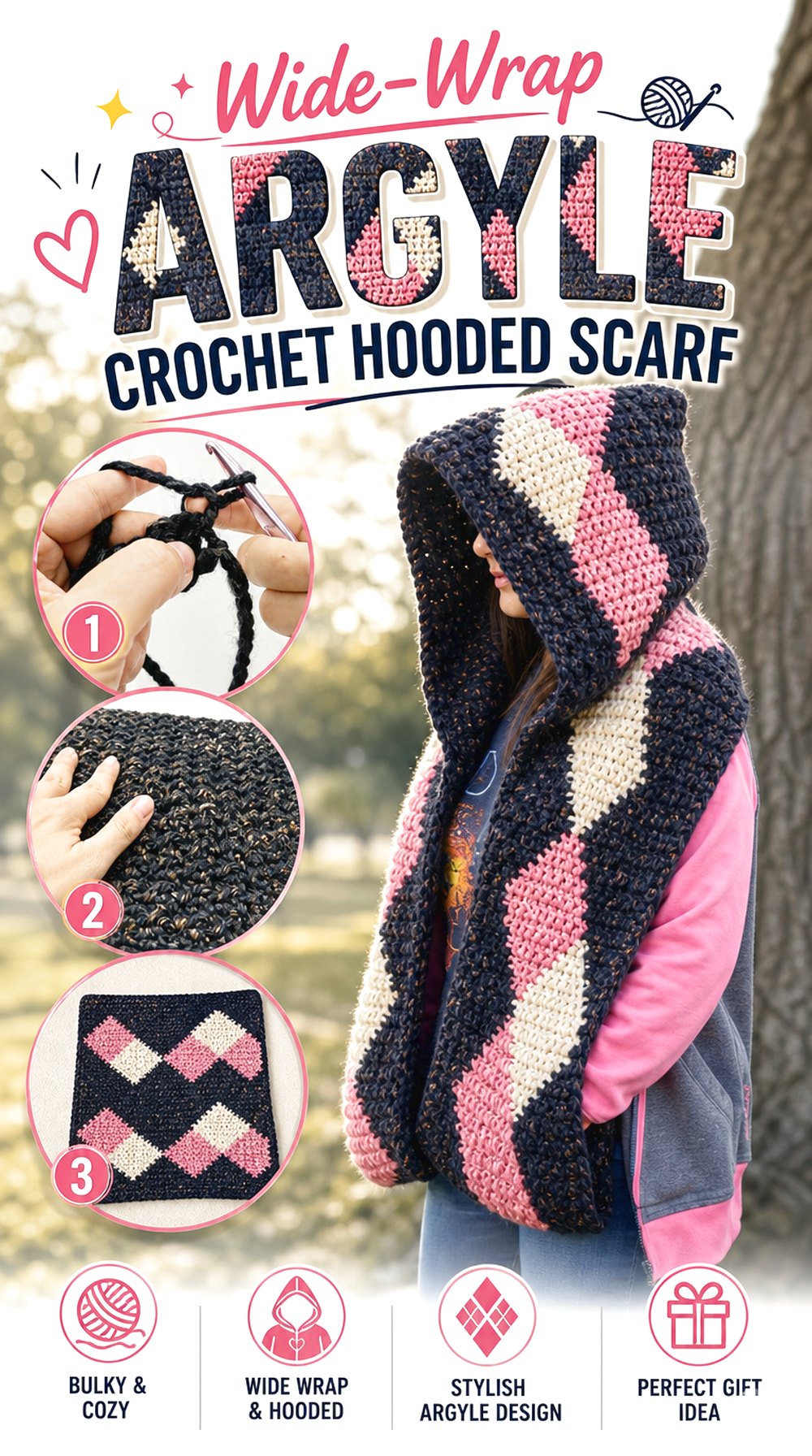 Wide-Wrap Argyle Crochet Hooded Scarf