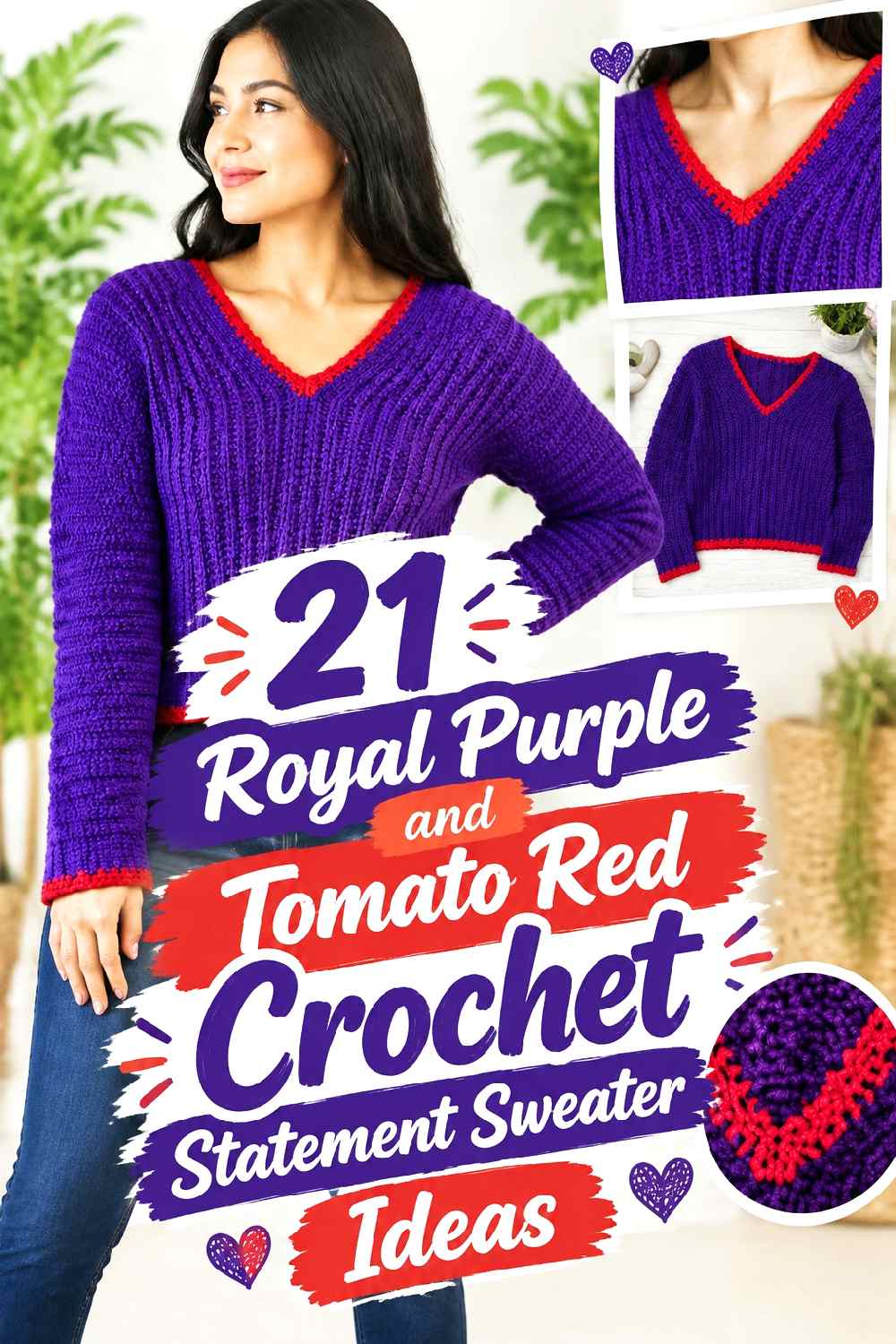 21 Royal Purple and Tomato Red Crochet Statement Sweater Ideas