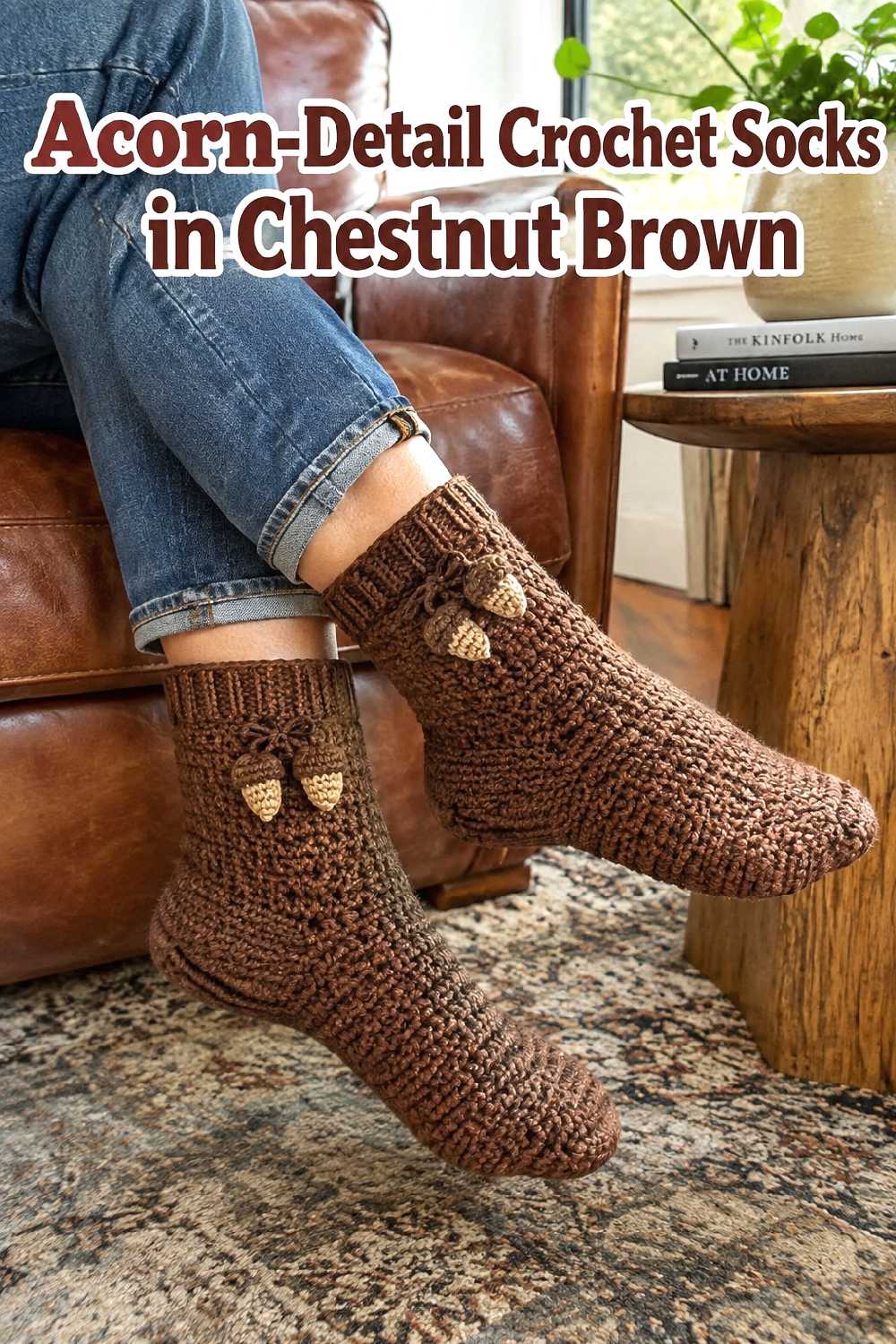 8. Acorn Detail Crochet Socks In Chestnut Brown