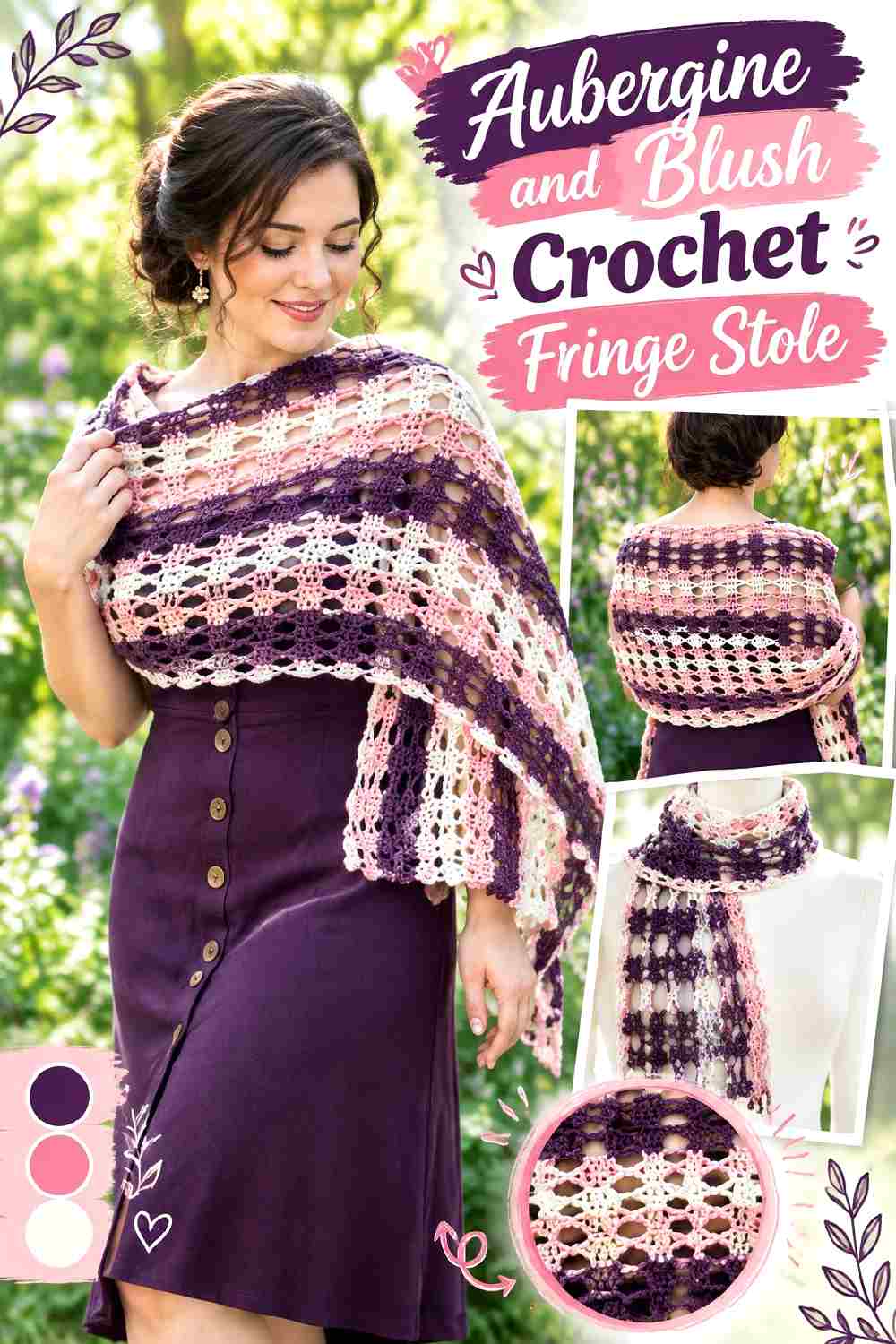 12. Aubergine And Blush Crochet Fringe Stole