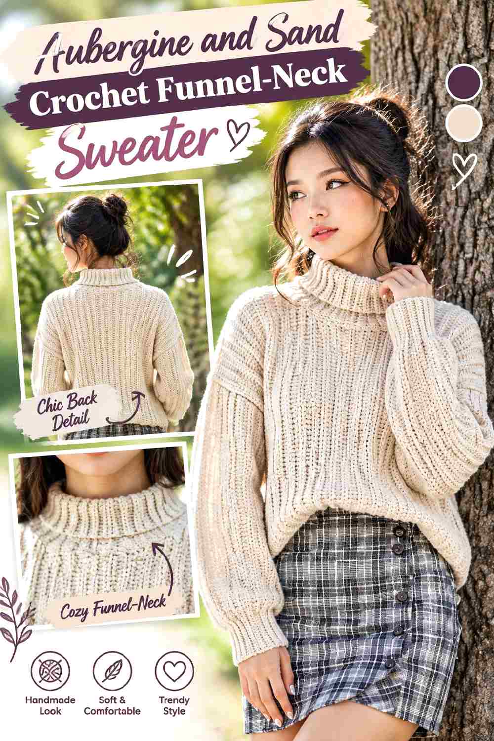 13. Aubergine And Sand Crochet Funnel Neck Sweater