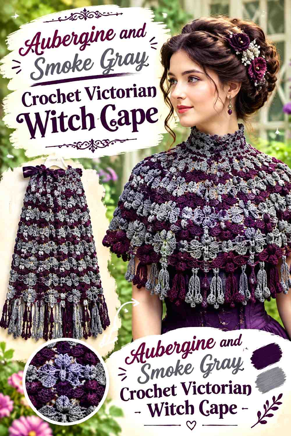 3. Aubergine And Smoke Gray Crochet Victorian Witch Cape