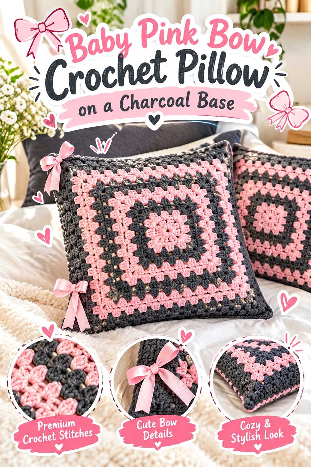 Baby Pink Bow Crochet Pillow on a Charcoal Base