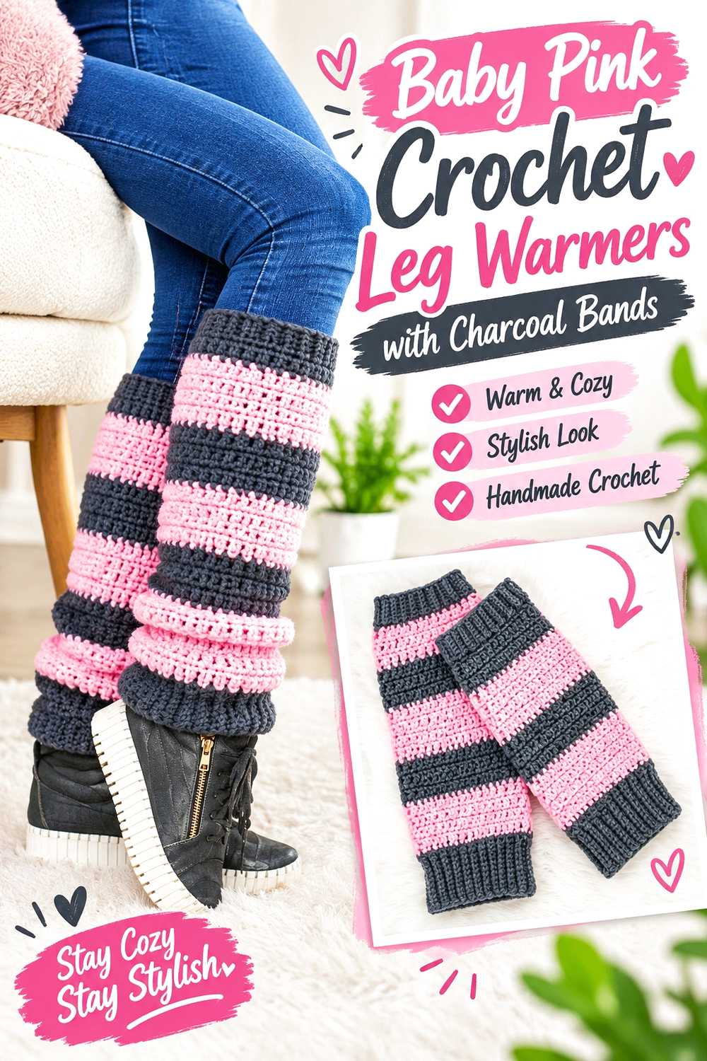 Baby Pink Crochet Leg Warmers with Charcoal Bands