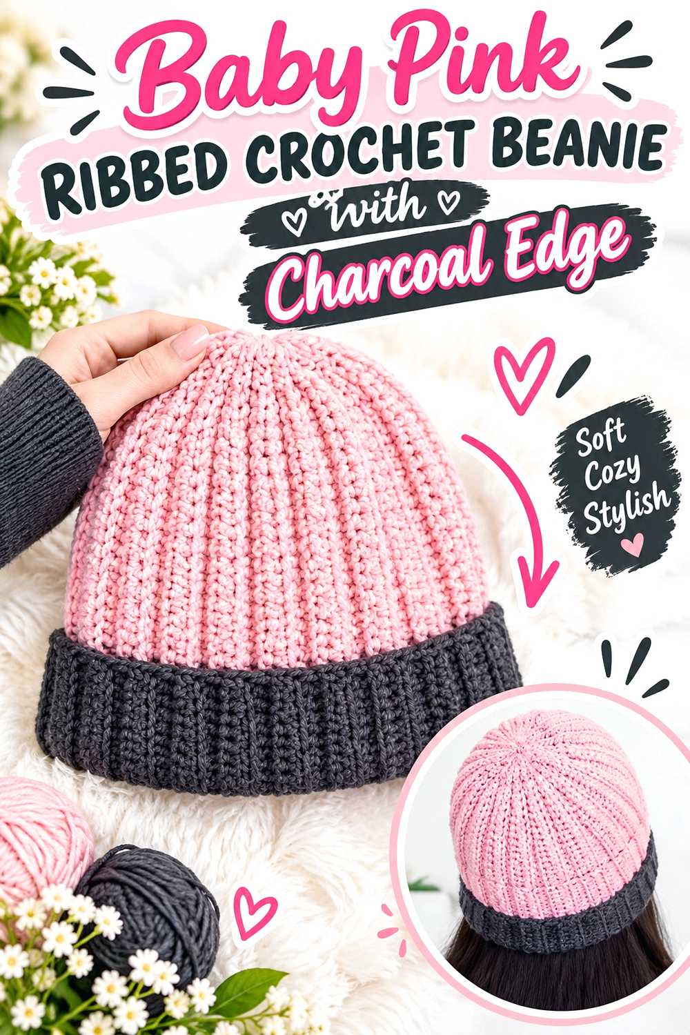 Baby Pink Ribbed Crochet Beanie with Charcoal Edge