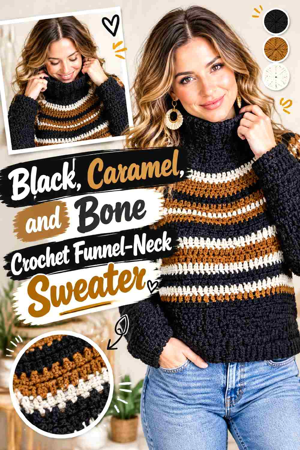 21. Black Caramel And Bone Crochet Funnel Neck Sweater