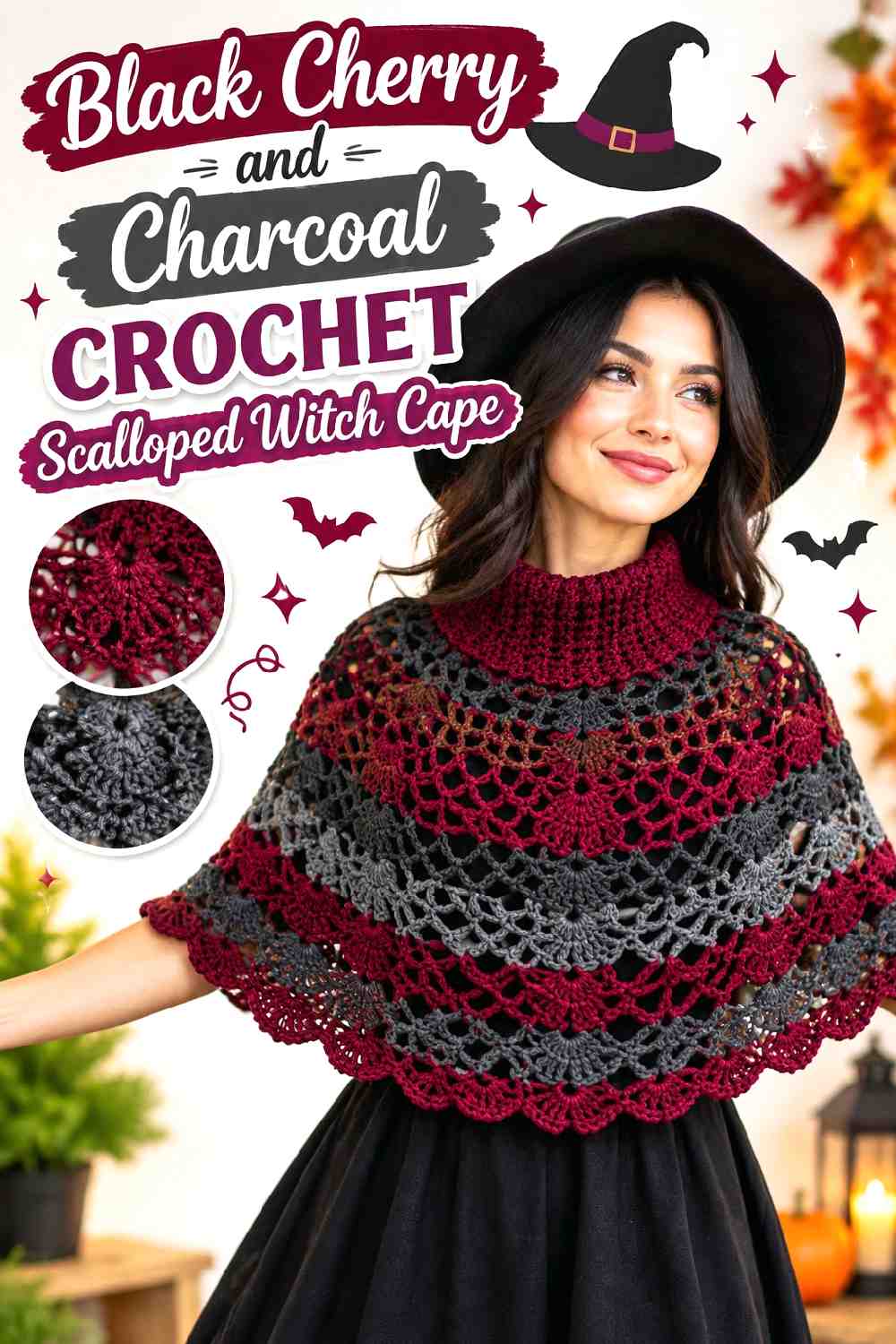 5. Black Cherry And Charcoal Crochet Scalloped Witch Cape