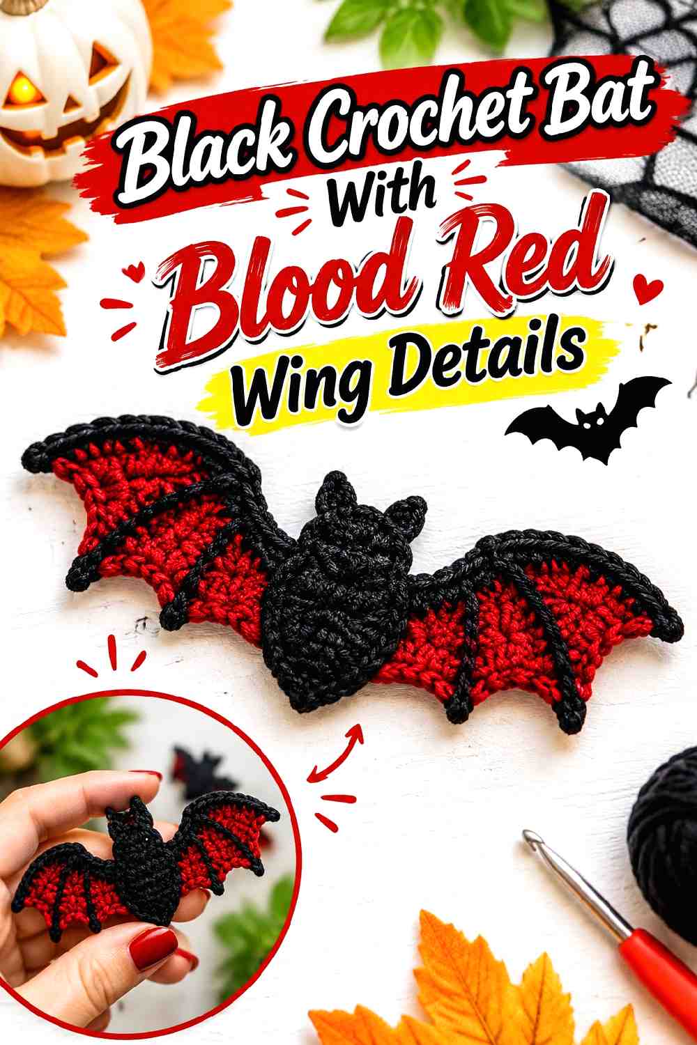 15. Black Crochet Bat With Blood Red Wing Details