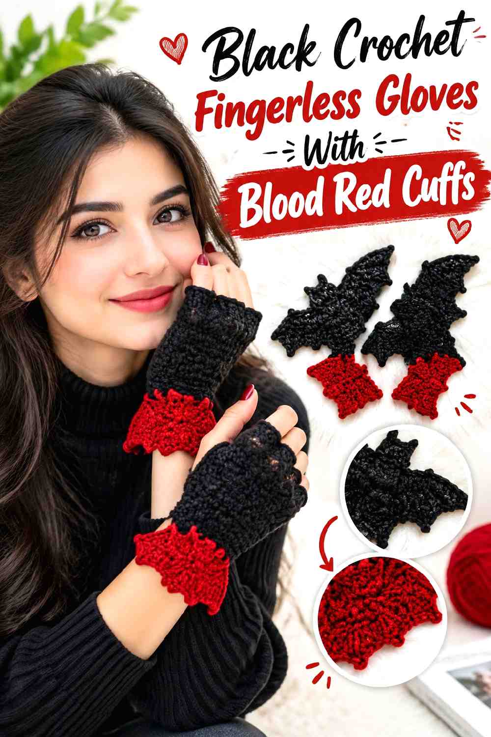 16. Black Crochet Fingerless Gloves With Blood Red Cuffs
