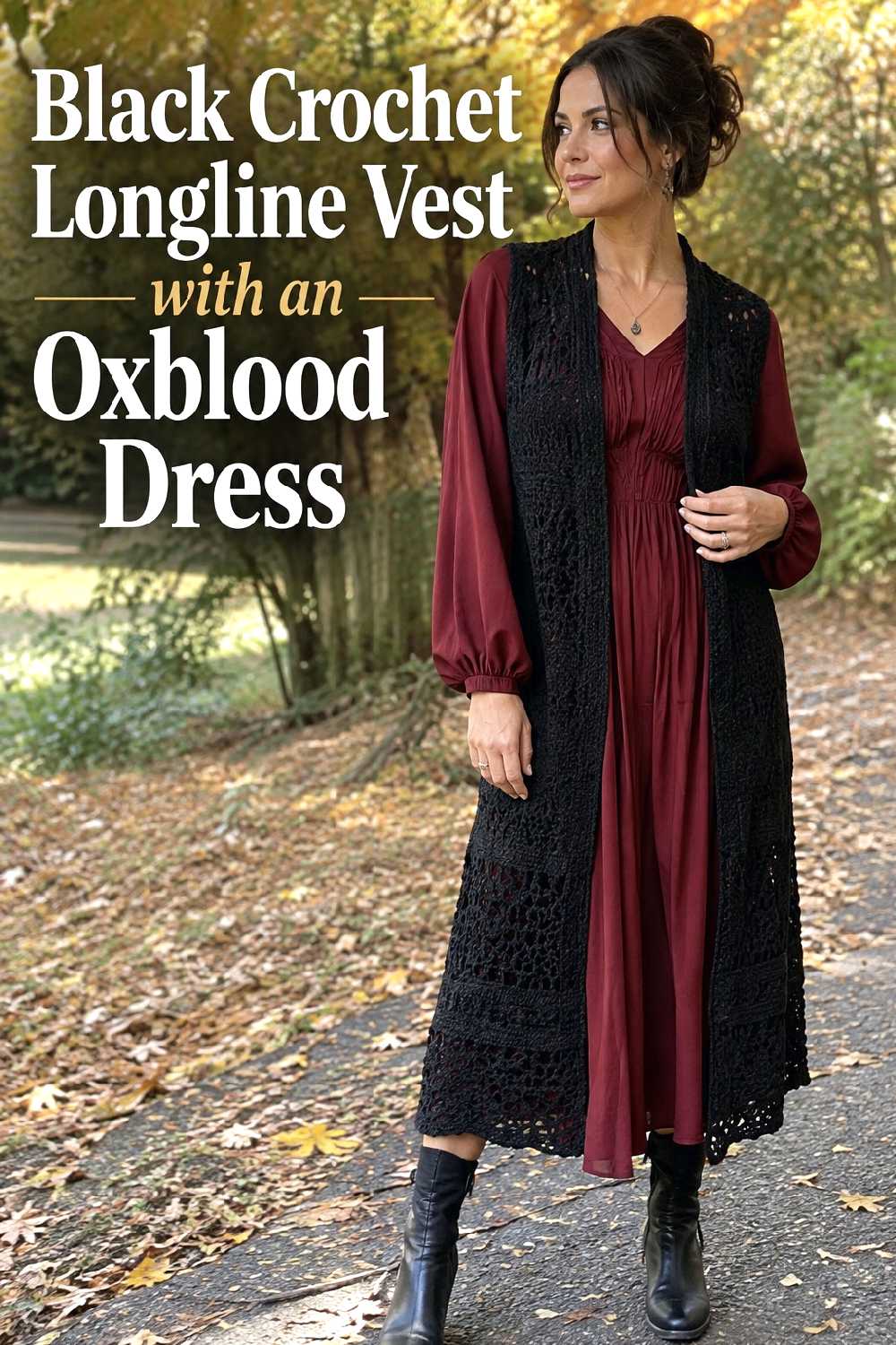 16. Black Crochet Longline Vest With An Oxblood Dress