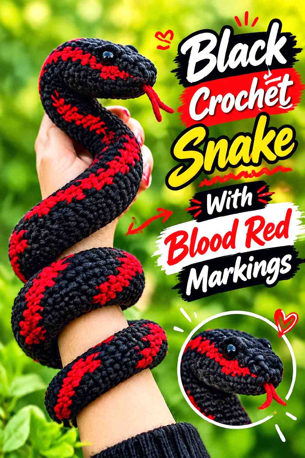 11. Black Crochet Snake With Blood Red Markings