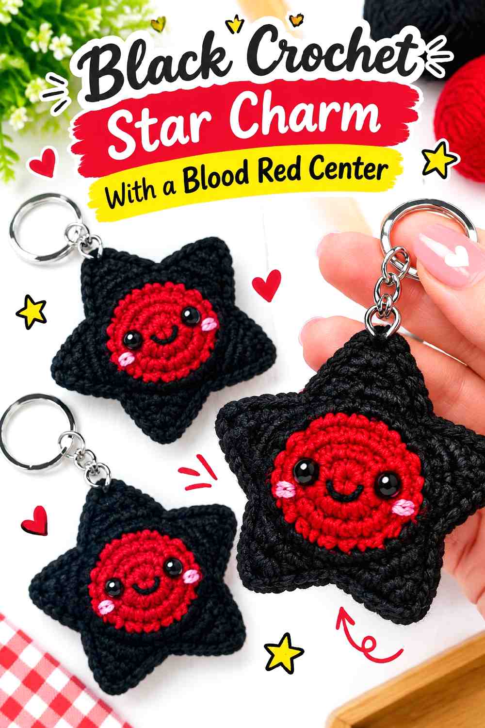 18. Black Crochet Star Charm With A Blood Red Center