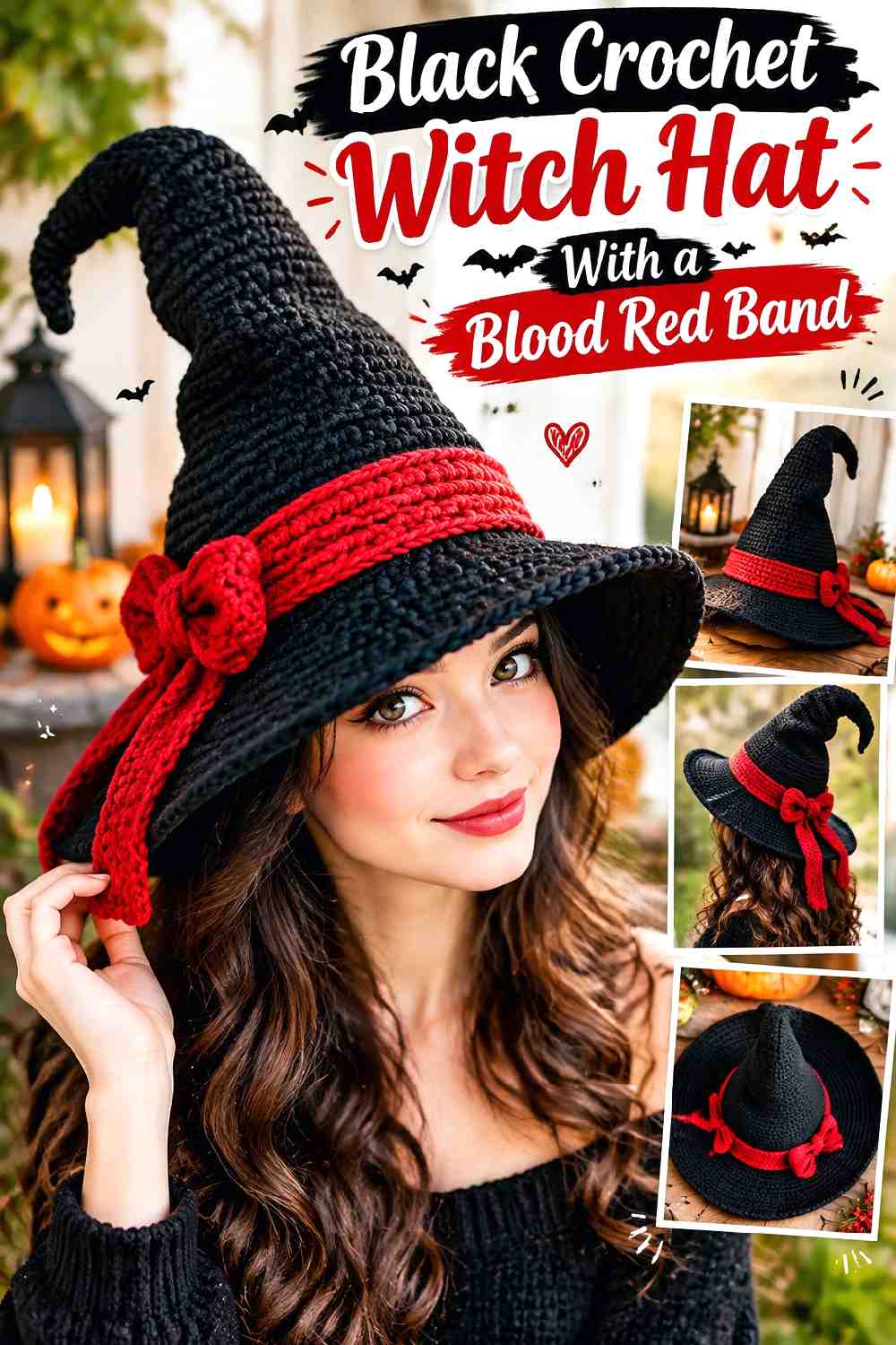 1. Black Crochet Witch Hat With A Blood Red Band