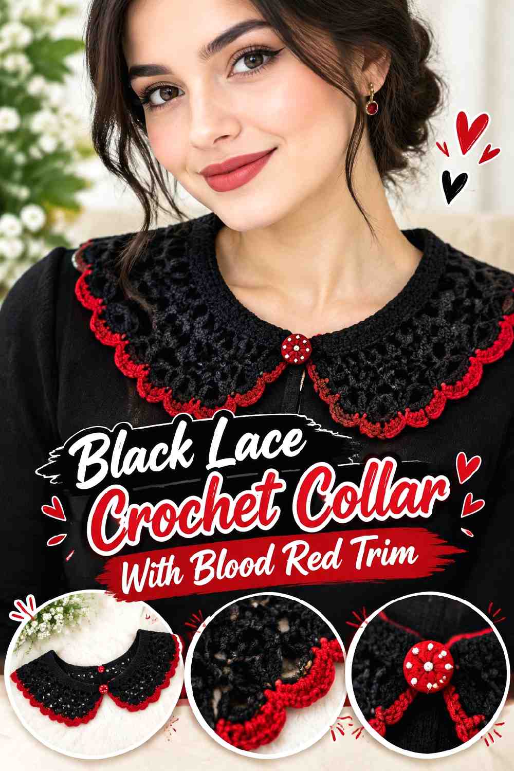 14. Black Lace Crochet Collar With Blood Red Trim