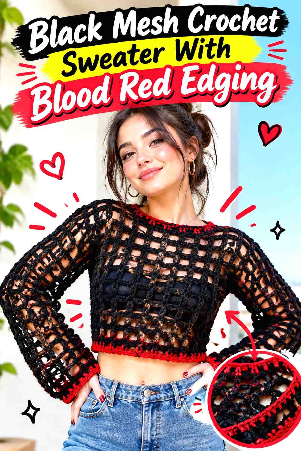 7. Black Mesh Crochet Sweater With Blood Red Edging