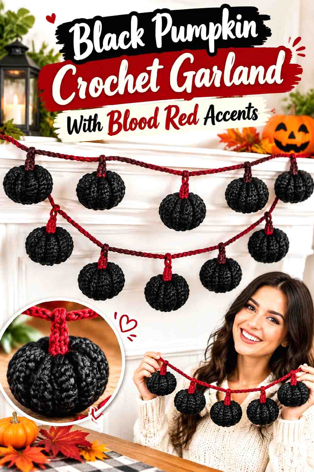 6. Black Pumpkin Crochet Garland With Blood Red Accents
