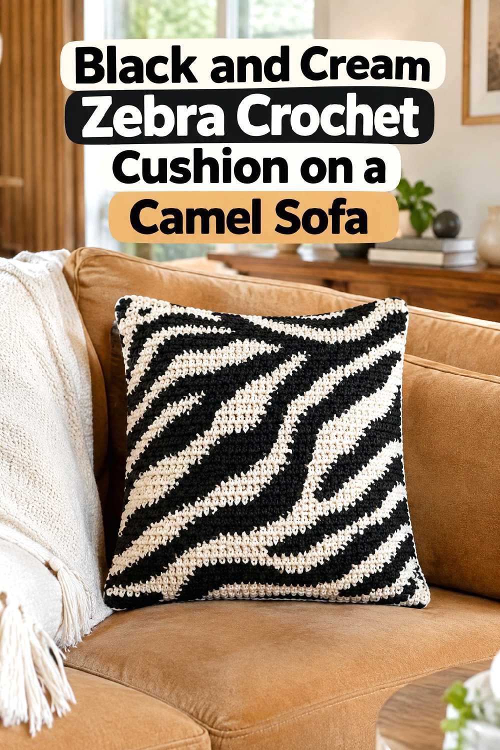 1. Black And Cream Zebra Crochet Cushion On A Camel Sofa