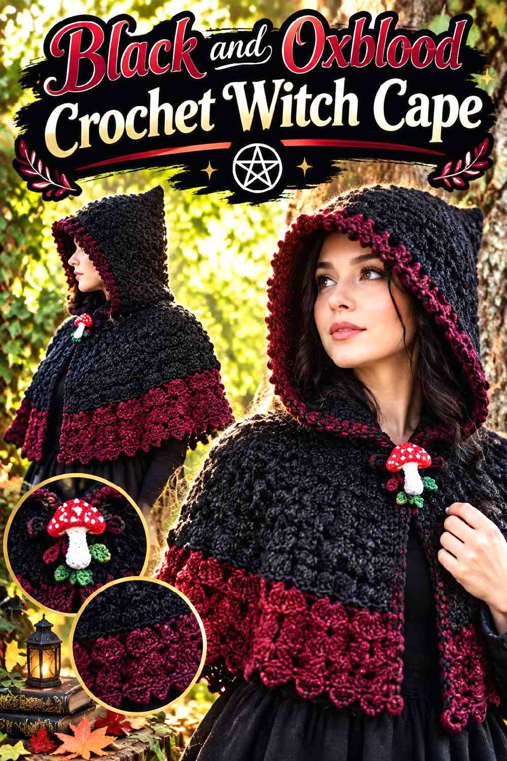 1. Black And Oxblood Crochet Witch Cape