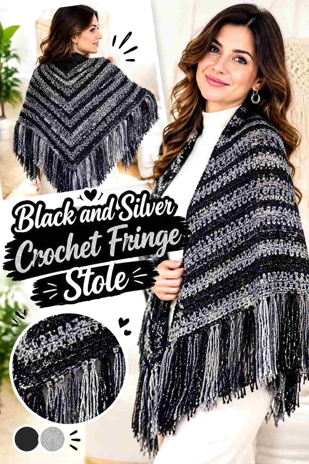 8. Black And Silver Crochet Fringe Stole