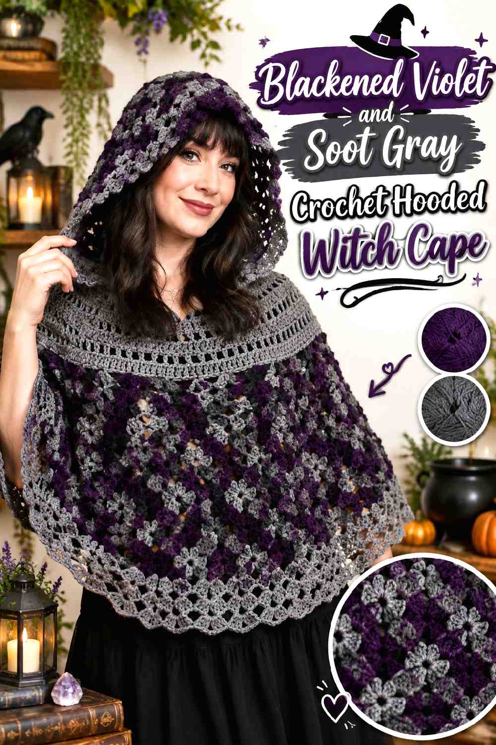 13. Blackened Violet And Soot Gray Crochet Hooded Witch Cape