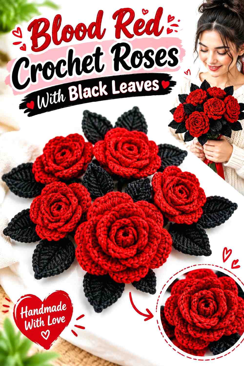 17. Blood Red Crochet Roses With Black Leaves