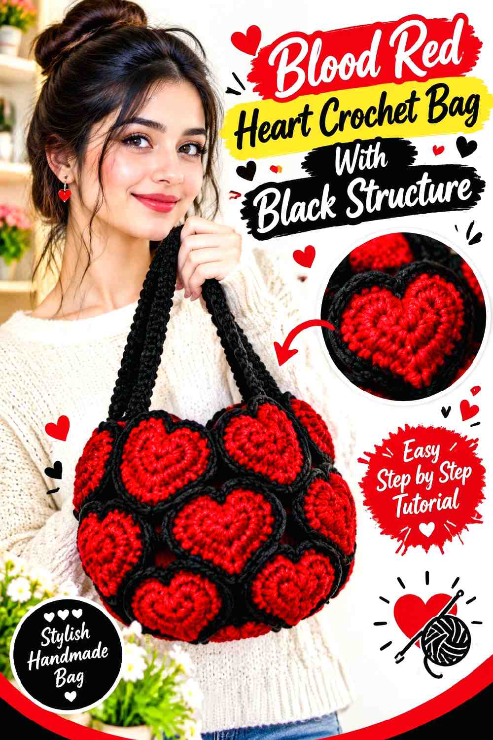 13. Blood Red Heart Crochet Bag With Black Structure