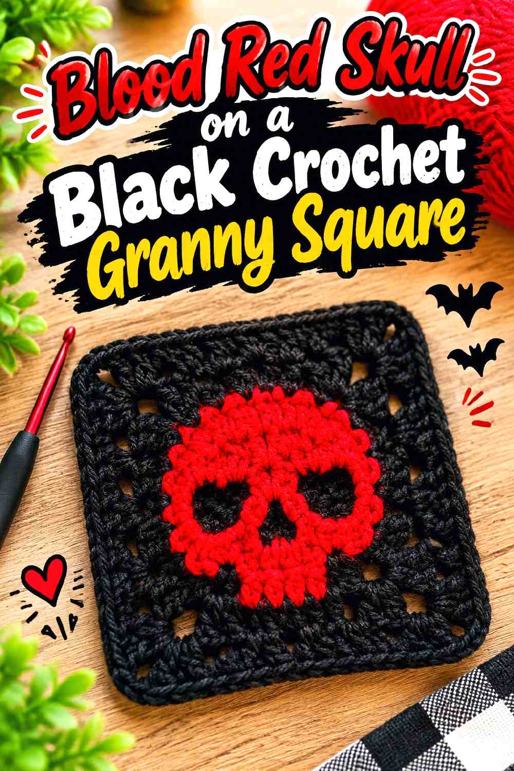 4. Blood Red Skull On A Black Crochet Granny Square