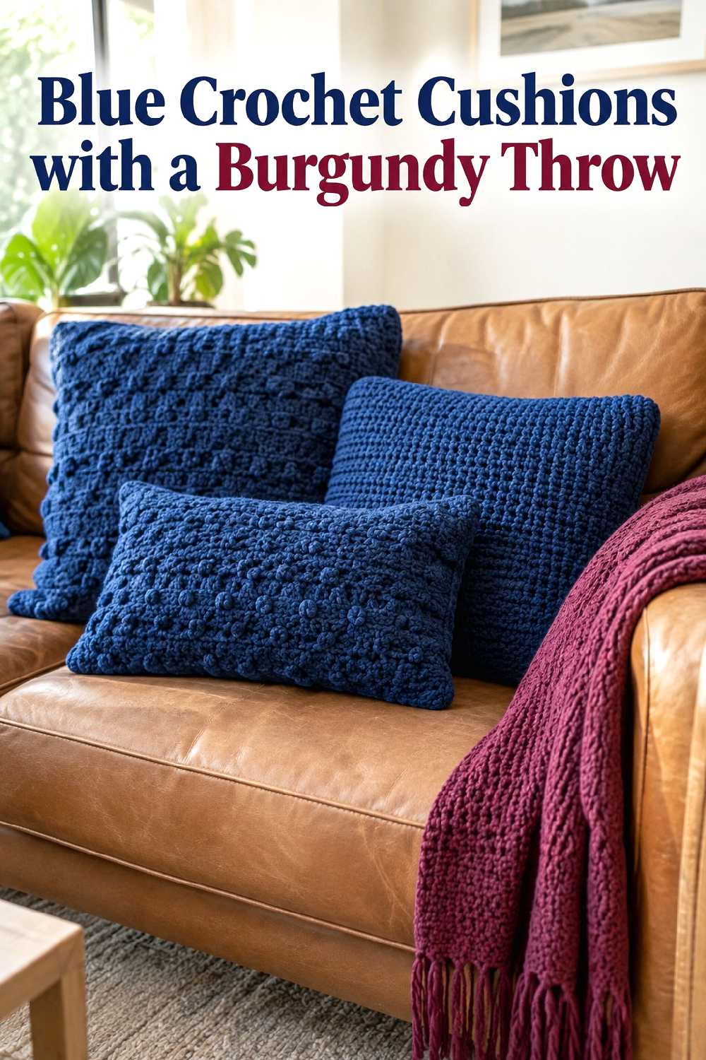 Blue crochet cushions with a burgundy throw