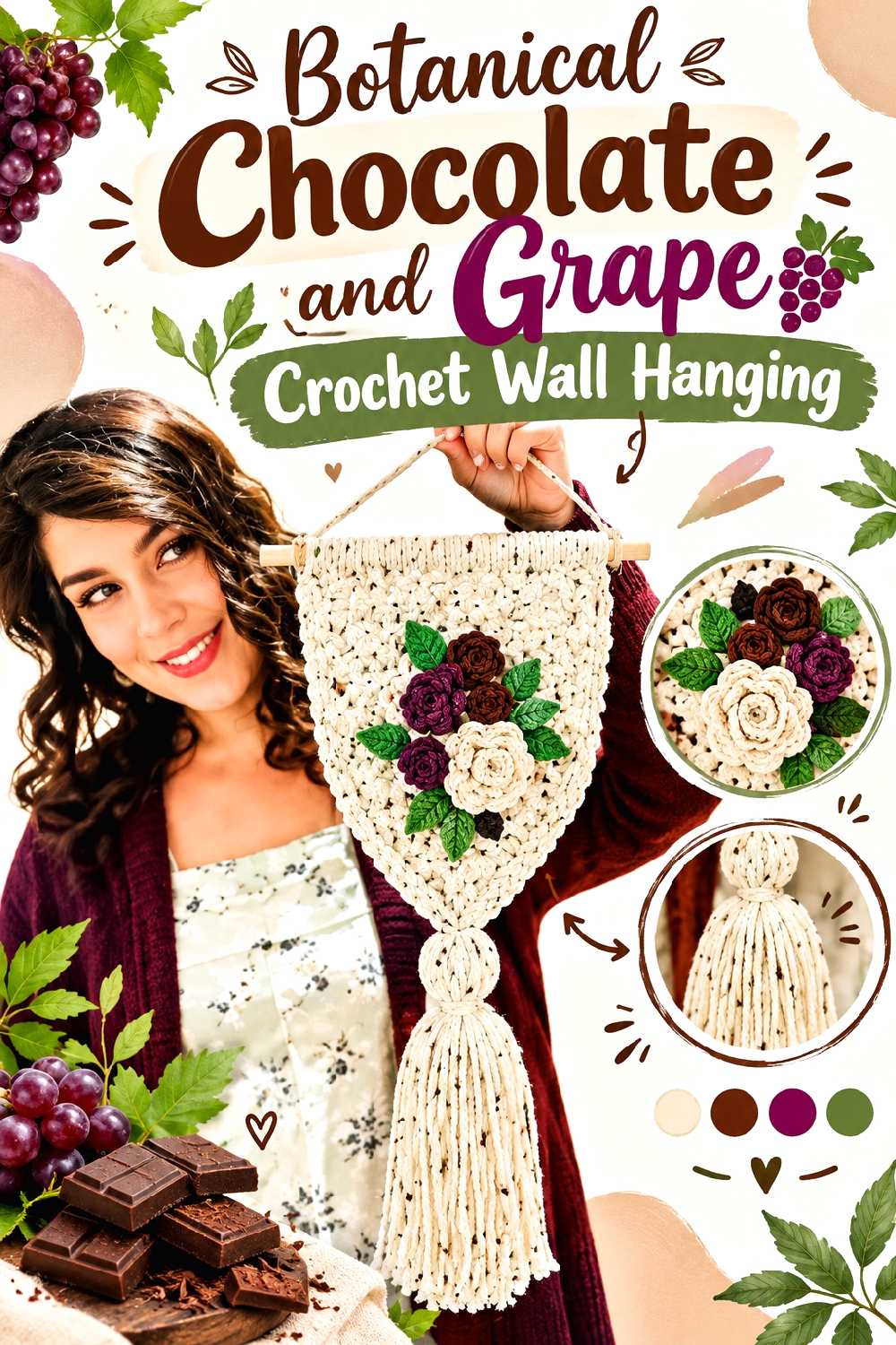 16. Botanical Chocolate And Grape Crochet Wall Hanging