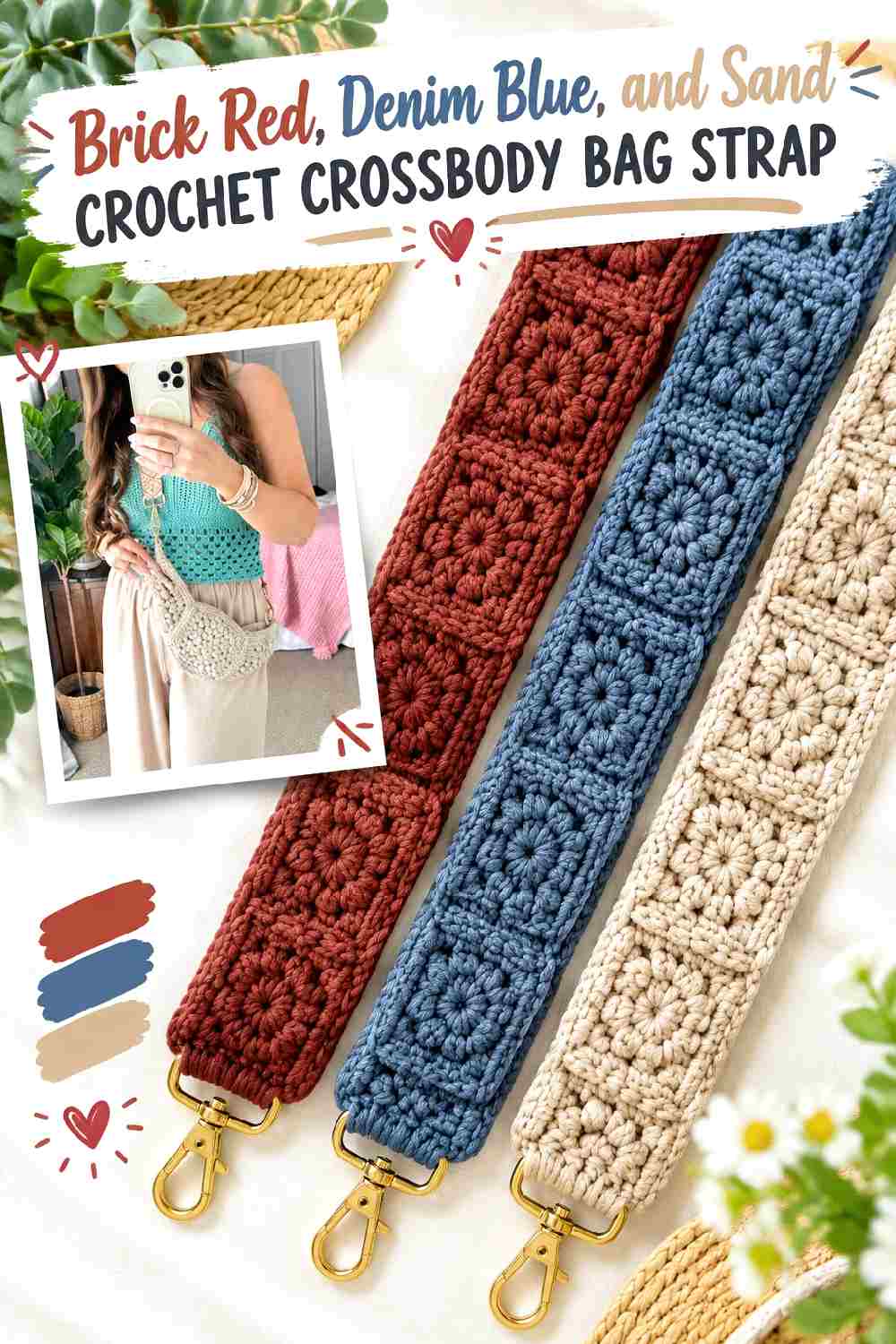 13. Brick Red Denim Blue And Sand Crochet Crossbody Bag Strap