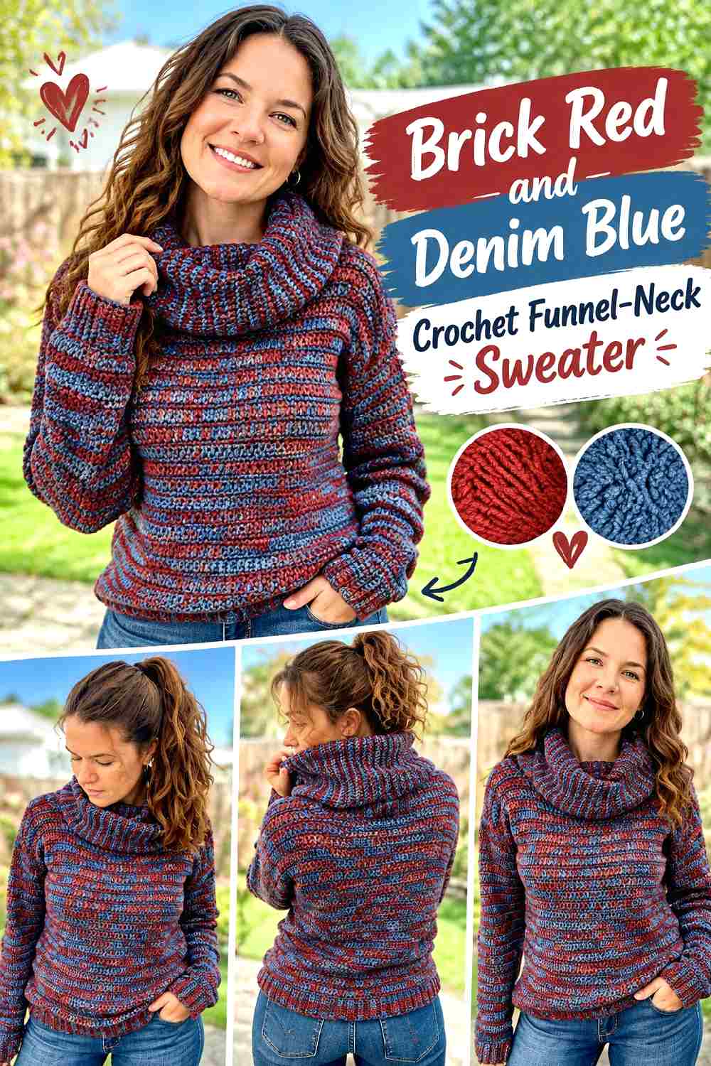 18. Brick Red And Denim Blue Crochet Funnel Neck Sweater