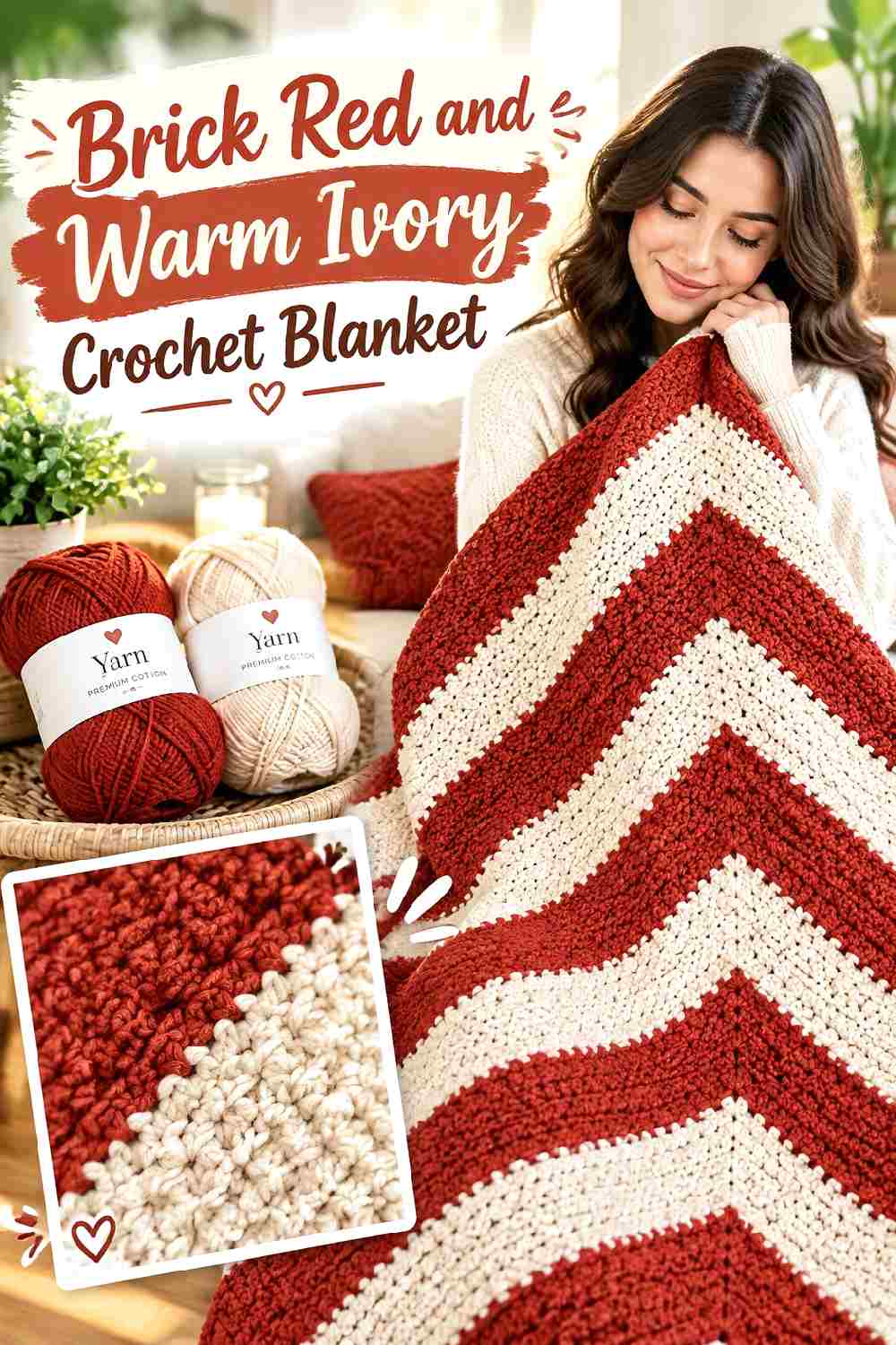 7. Brick Red And Warm Ivory Crochet Blanket