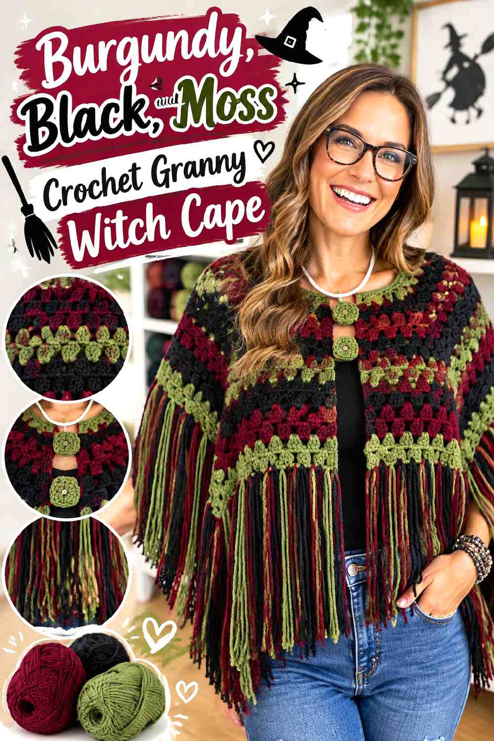 10. Burgundy Black And Moss Crochet Granny Witch Cape