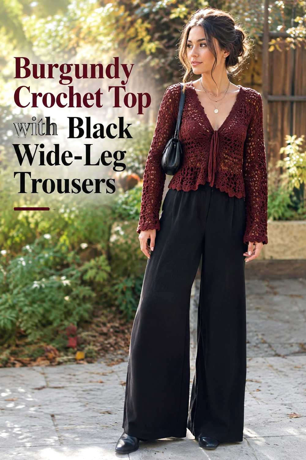 7. Burgundy Crochet Top With Black Wide Leg Trousers